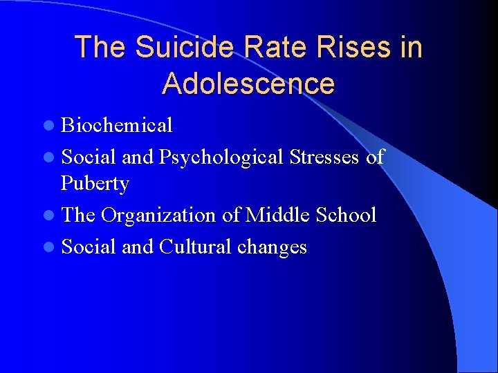 The Suicide Rate Rises in Adolescence l Biochemical l Social and Psychological Stresses of
