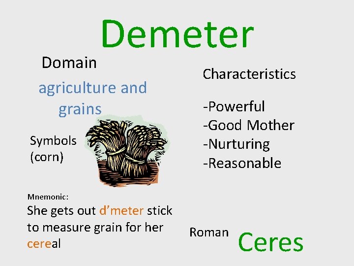 Demeter Domain agriculture and grains Symbols (corn) Characteristics -Powerful -Good Mother -Nurturing -Reasonable Mnemonic: