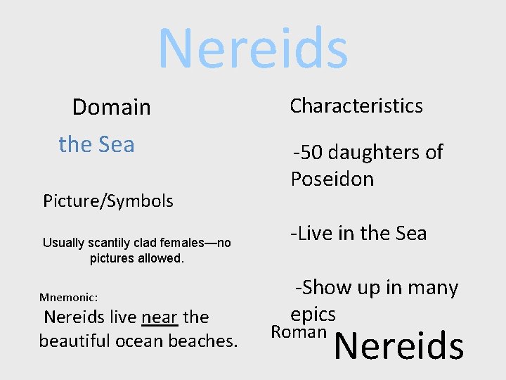 Nereids Domain the Sea Picture/Symbols Usually scantily clad females—no pictures allowed. Mnemonic: Nereids live