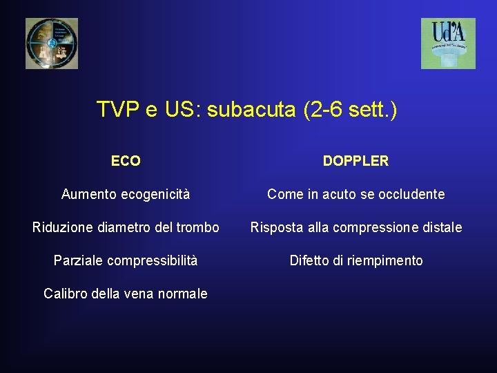 TVP e US: subacuta (2 -6 sett. ) ECO DOPPLER Aumento ecogenicità Come in TVP e US: subacuta (2 -6 sett. ) ECO DOPPLER Aumento ecogenicità Come in