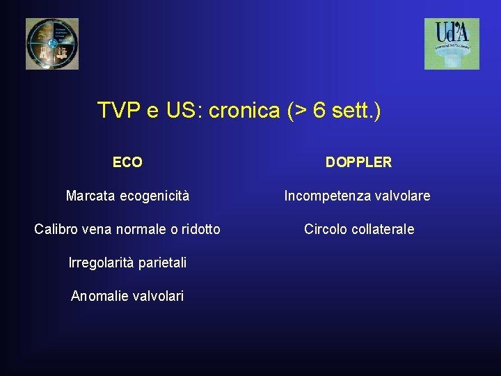 TVP e US: cronica (> 6 sett. ) ECO DOPPLER Marcata ecogenicità Incompetenza valvolare TVP e US: cronica (> 6 sett. ) ECO DOPPLER Marcata ecogenicità Incompetenza valvolare