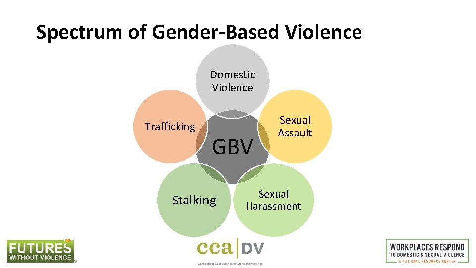Spectrum of Gender-Based Violence Domestic Violence Trafficking GBV Stalking Sexual Assault Sexual Harassment 