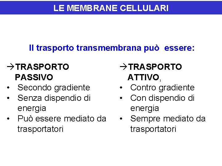 LE MEMBRANE CELLULARI Il trasporto transmembrana può essere: àTRASPORTO PASSIVO • Secondo gradiente • LE MEMBRANE CELLULARI Il trasporto transmembrana può essere: àTRASPORTO PASSIVO • Secondo gradiente •