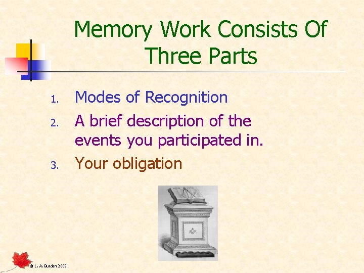 Memory Work Consists Of Three Parts 1. 2. 3. © L. A. Burden 2005