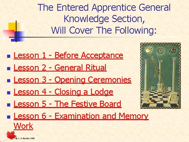 The Entered Apprentice General Knowledge Section, Will Cover The Following: n n n Lesson