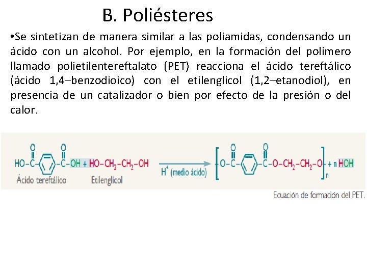 B. Poliésteres • Se sintetizan de manera similar a las poliamidas, condensando un ácido
