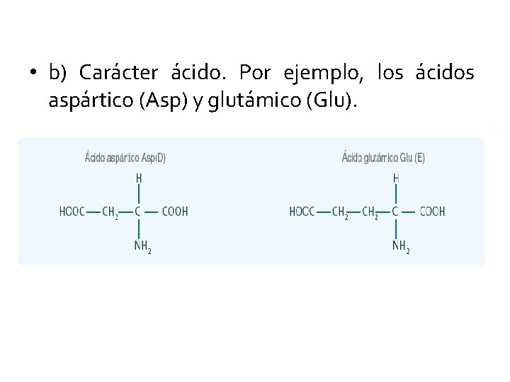  • b) Carácter ácido. Por ejemplo, los ácidos aspártico (Asp) y glutámico (Glu).