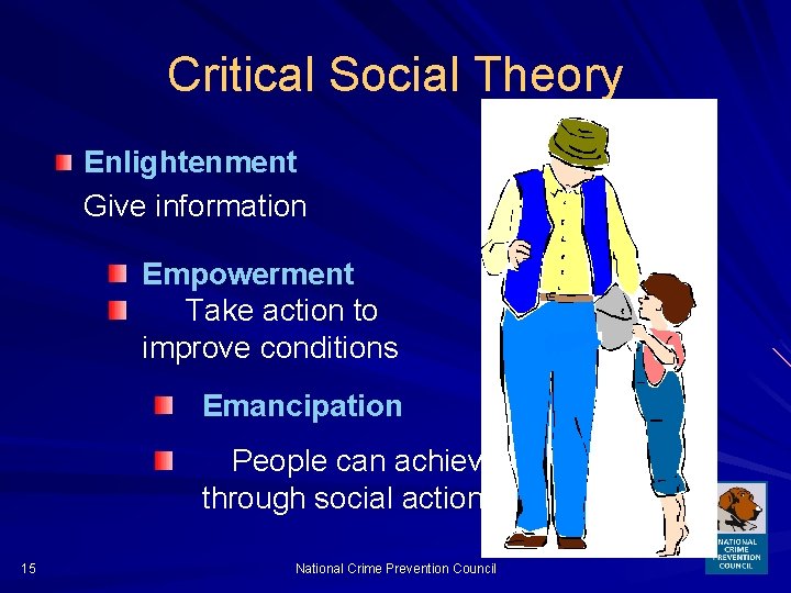 Critical Social Theory Enlightenment Give information Empowerment Take action to improve conditions Emancipation People