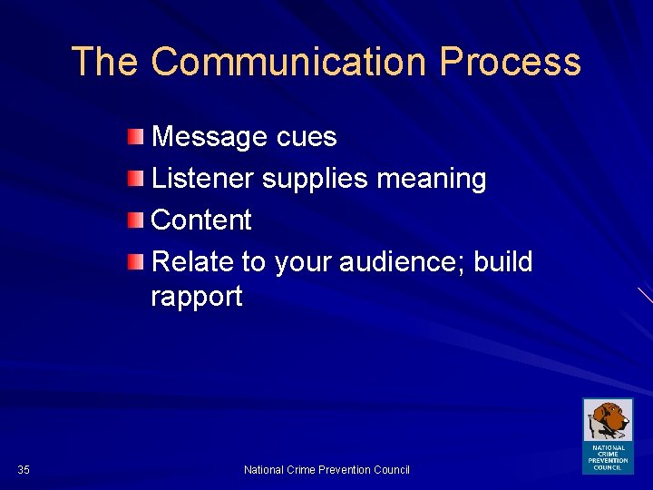 The Communication Process Message cues Listener supplies meaning Content Relate to your audience; build