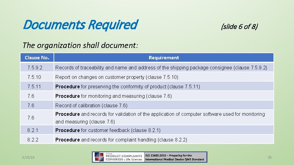 Documents Required (slide 6 of 8) The organization shall document: Clause No. Requirement 7.