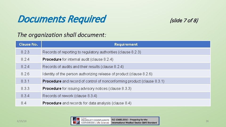 Documents Required (slide 7 of 8) The organization shall document: Clause No. Requirement 8.