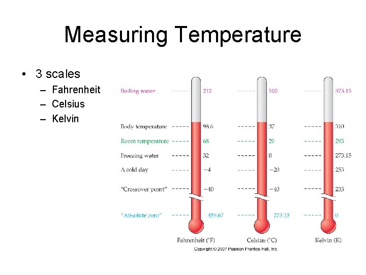 Measuring Temperature • 3 scales – Fahrenheit – Celsius – Kelvin 