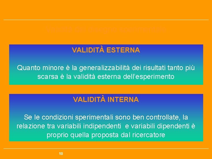 Validità del disegno sperimentale VALIDITÀ ESTERNA Quanto minore è la generalizzabilità dei risultati tanto