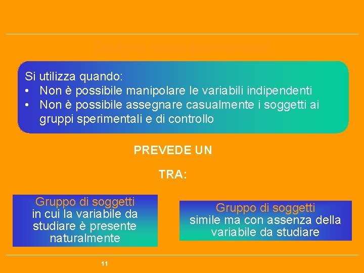 Disegno quasi sperimentale Si utilizza quando: • Non è possibile manipolare le variabili indipendenti