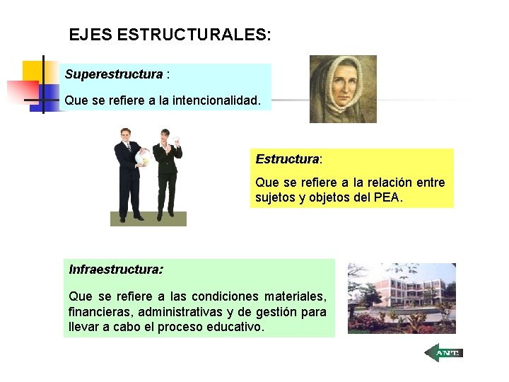 EJES ESTRUCTURALES: Superestructura : Que se refiere a la intencionalidad. Estructura: Que se refiere