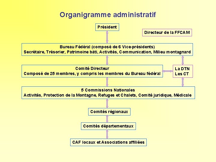 Organigramme administratif Président Directeur de la FFCAM Bureau Fédéral (composé de 6 Vice-présidents) Secrétaire,