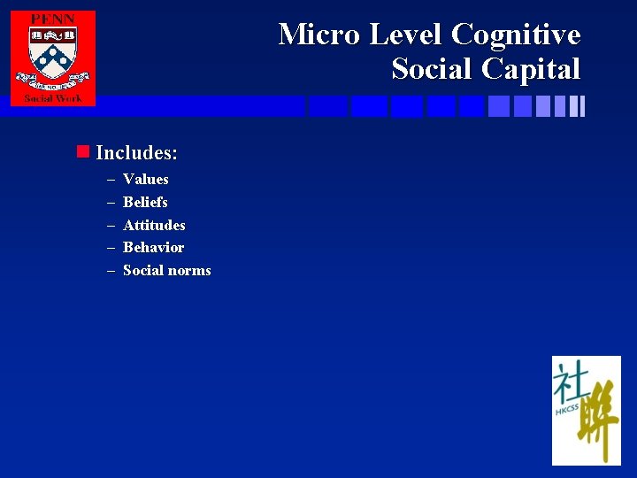 Micro Level Cognitive Social Capital n Includes: – – – Values Beliefs Attitudes Behavior