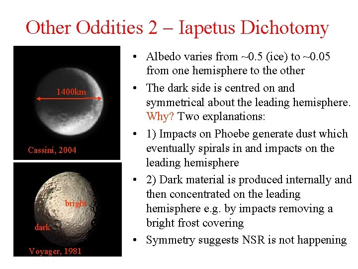 Other Oddities 2 – Iapetus Dichotomy 1400 km Cassini, 2004 bright dark Voyager, 1981
