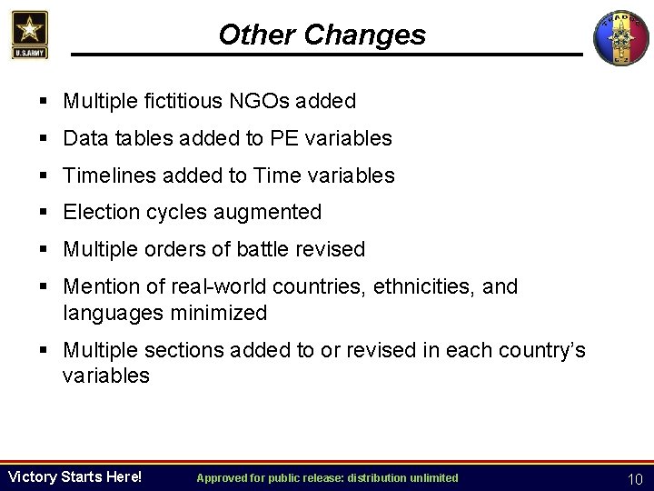 Other Changes § Multiple fictitious NGOs added § Data tables added to PE variables