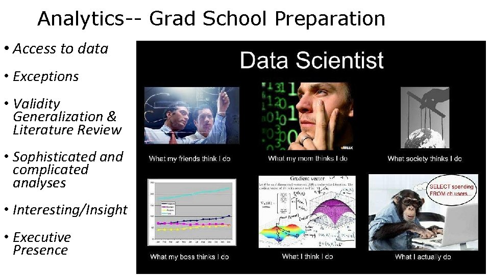 Analytics-- Grad School Preparation • Access to data • Exceptions • Validity Generalization &