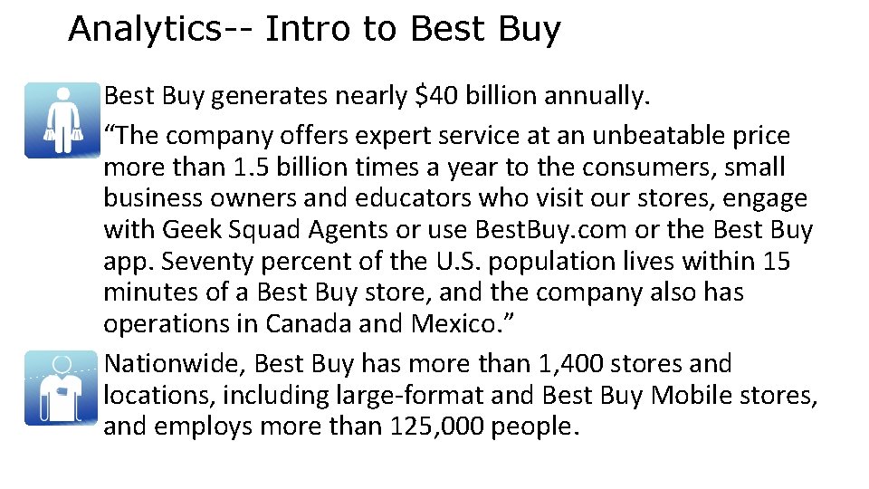 Analytics-- Intro to Best Buy • Best Buy generates nearly $40 billion annually. •