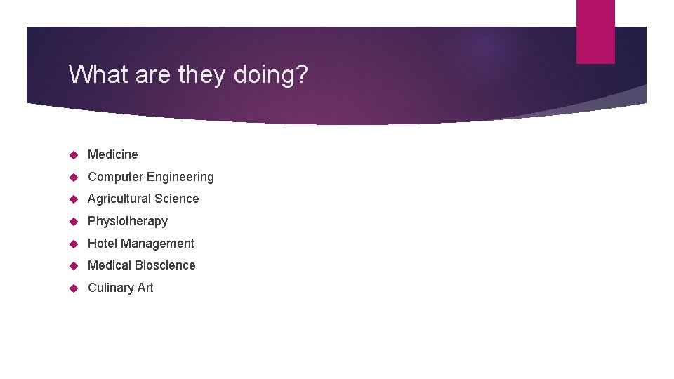 What are they doing? Medicine Computer Engineering Agricultural Science Physiotherapy Hotel Management Medical Bioscience