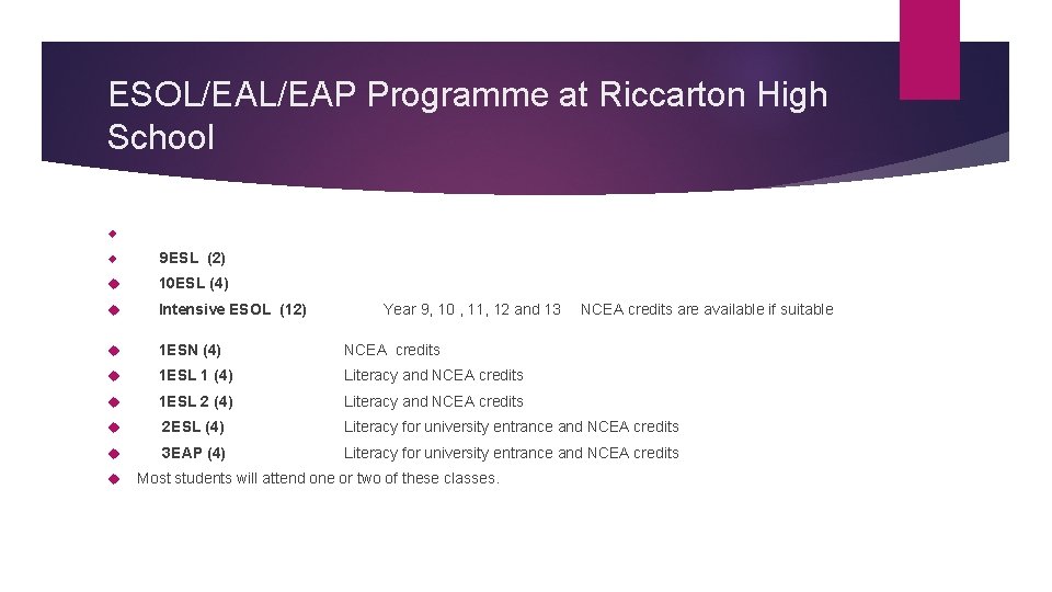 ESOL/EAP Programme at Riccarton High School 9 ESL (2) 10 ESL (4) Intensive ESOL