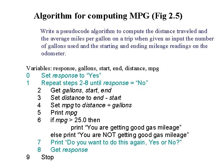 Algorithm for computing MPG (Fig 2. 5) Write a pseudocode algorithm to compute the