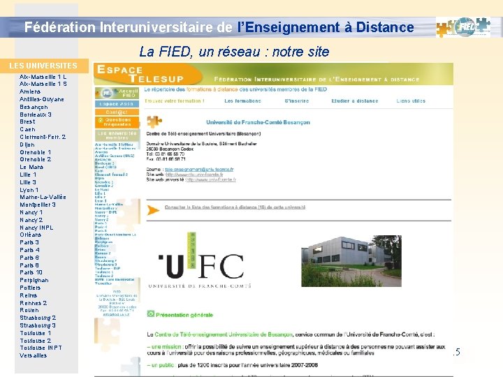Fédération Interuniversitaire de l’Enseignement à Distance La FIED, un réseau : notre site LES Fédération Interuniversitaire de l’Enseignement à Distance La FIED, un réseau : notre site LES