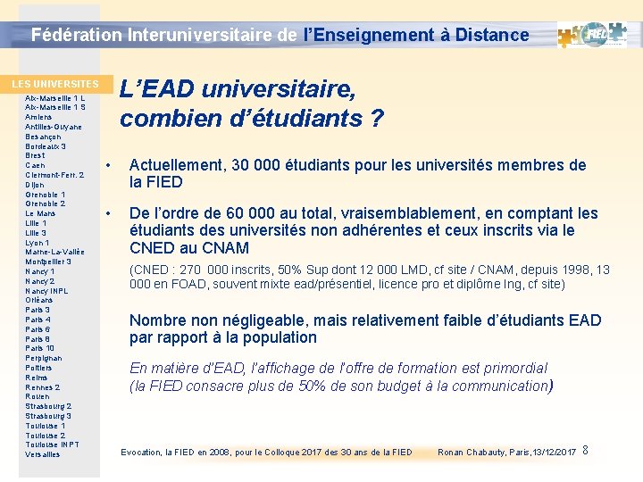 Fédération Interuniversitaire de l’Enseignement à Distance L’EAD universitaire, combien d’étudiants ? LES UNIVERSITES Aix-Marseille Fédération Interuniversitaire de l’Enseignement à Distance L’EAD universitaire, combien d’étudiants ? LES UNIVERSITES Aix-Marseille