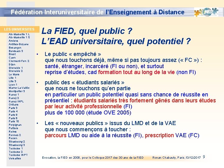 Fédération Interuniversitaire de l’Enseignement à Distance La FIED, quel public ? L’EAD universitaire, quel Fédération Interuniversitaire de l’Enseignement à Distance La FIED, quel public ? L’EAD universitaire, quel