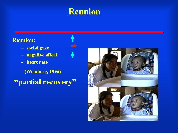 Reunion: – social gaze – negative affect – heart rate (Weinberg, 1996) “partial recovery”