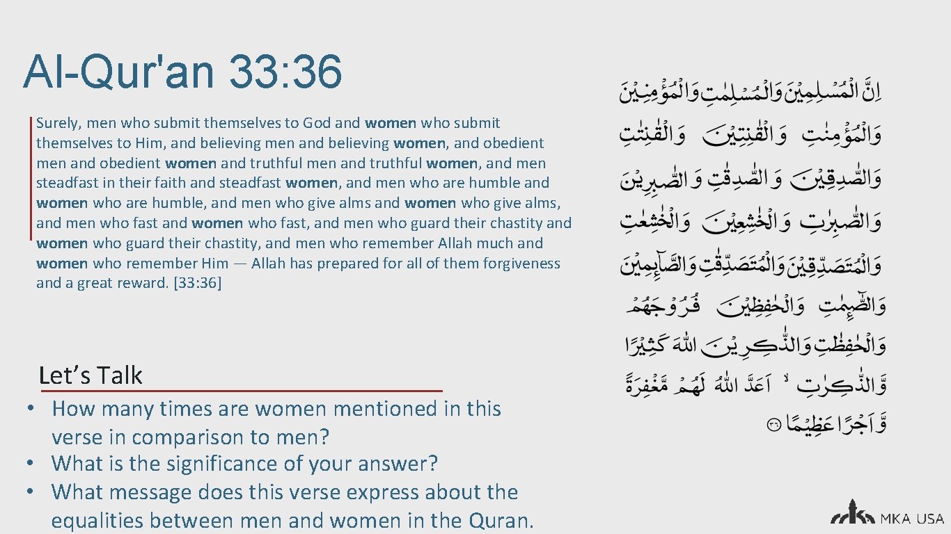 Al-Qur'an 33: 36 Surely, men who submit themselves to God and women who submit