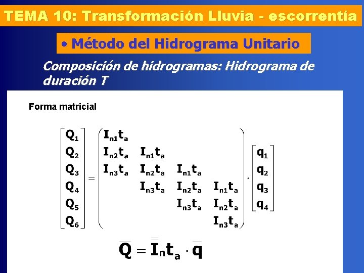 TEMA 10: Transformación Lluvia - escorrentía • Método del Hidrograma Unitario Composición de hidrogramas:
