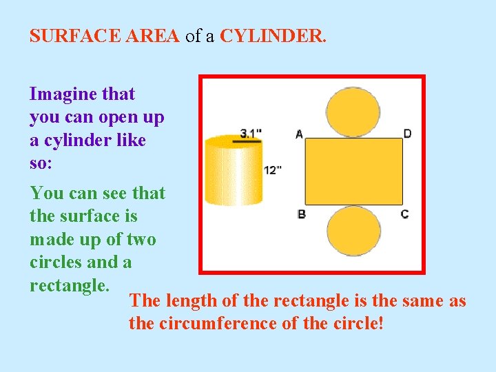 SURFACE AREA of a CYLINDER. Imagine that you can open up a cylinder like