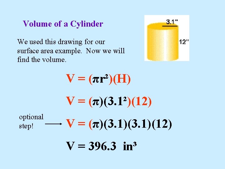 Volume of a Cylinder We used this drawing for our surface area example. Now