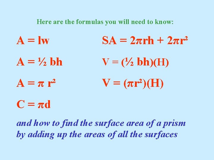 Here are the formulas you will need to know: A = lw SA =
