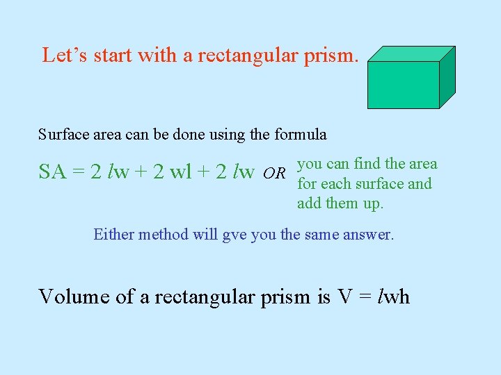 Let’s start with a rectangular prism. Surface area can be done using the formula