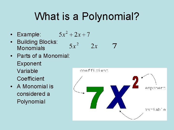 What is a Polynomial? • Example: • Building Blocks: Monomials • Parts of a