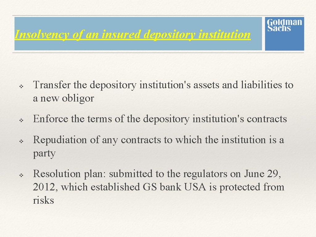 Insolvency of an insured depository institution v v Transfer the depository institution's assets and Insolvency of an insured depository institution v v Transfer the depository institution's assets and