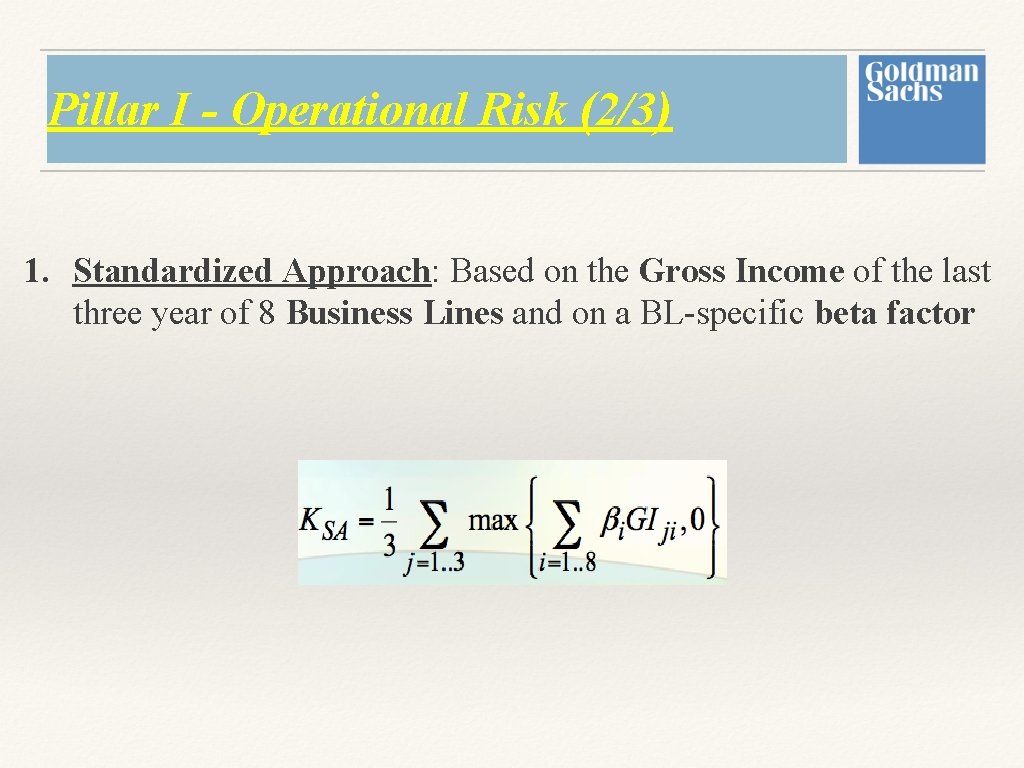 Pillar I - Operational Risk (2/3) 1. Standardized Approach: Based on the Gross Income Pillar I - Operational Risk (2/3) 1. Standardized Approach: Based on the Gross Income