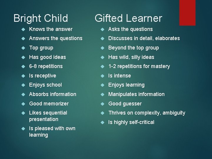 Bright Child Gifted Learner Knows the answer Asks the questions Answers the questions Discusses