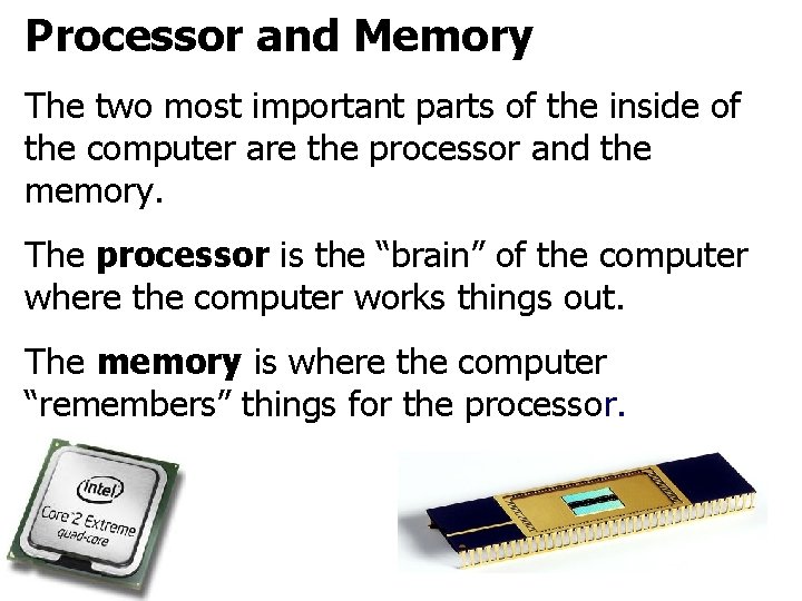 Processor and Memory The two most important parts of the inside of the computer