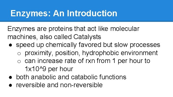 Enzymes: An Introduction Enzymes are proteins that act like molecular machines, also called Catalysts