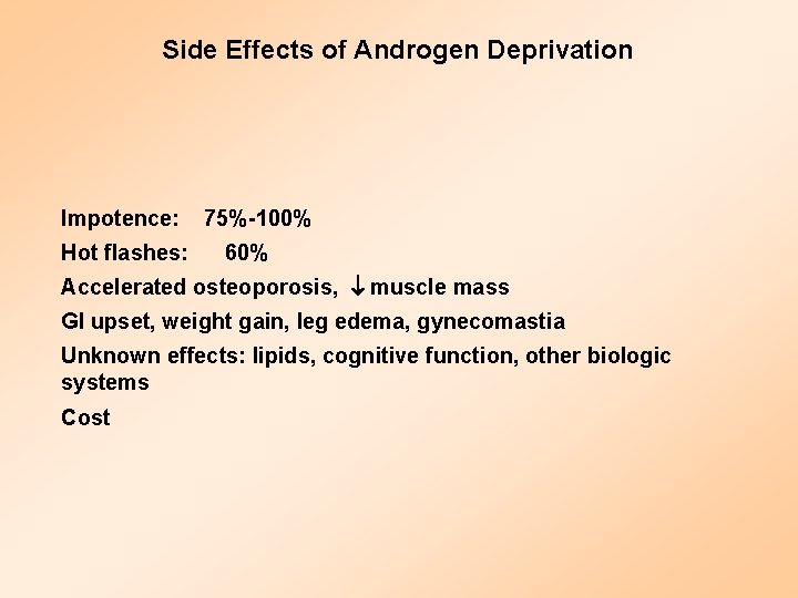 Side Effects of Androgen Deprivation Impotence: 75%-100% Hot flashes: 60% Accelerated osteoporosis, muscle mass