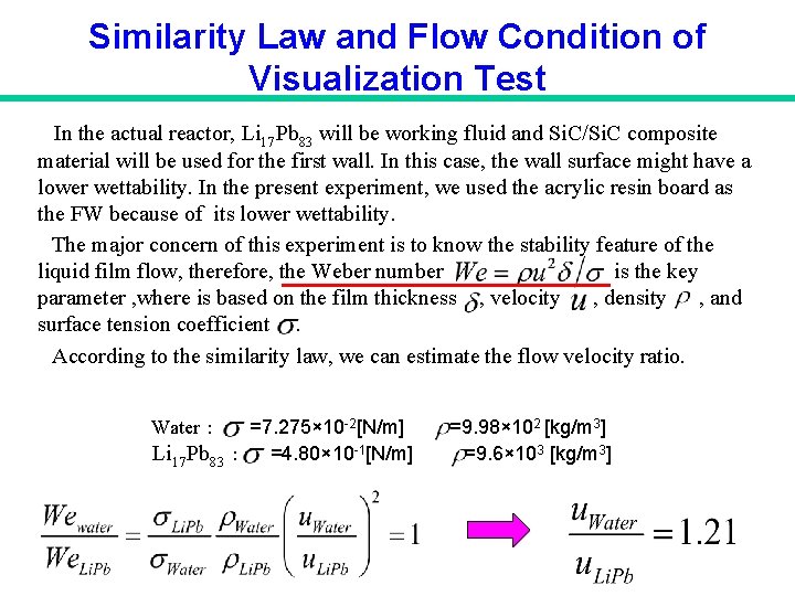 Similarity Law and Flow Condition of Visualization Test In the actual reactor, Li 17 Similarity Law and Flow Condition of Visualization Test In the actual reactor, Li 17