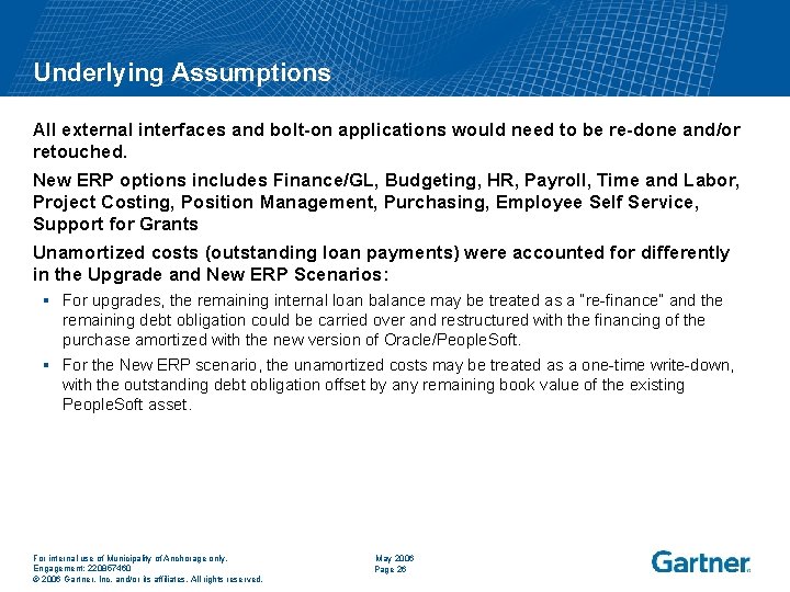 Underlying Assumptions All external interfaces and bolt-on applications would need to be re-done and/or