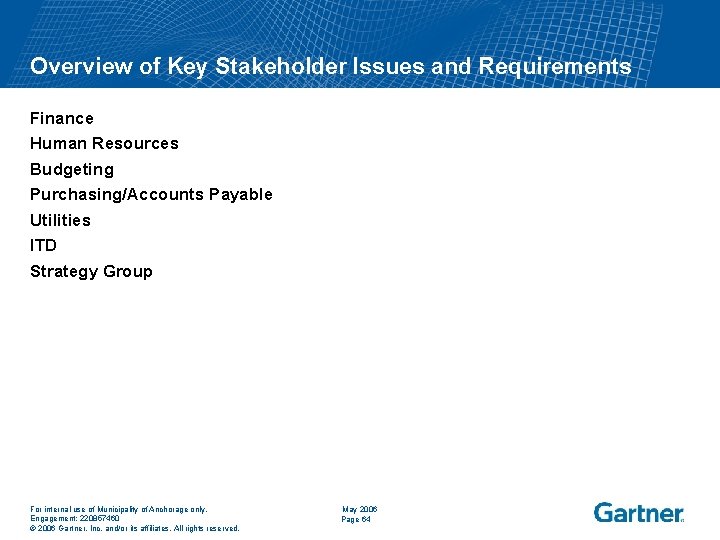 Overview of Key Stakeholder Issues and Requirements Finance Human Resources Budgeting Purchasing/Accounts Payable Utilities