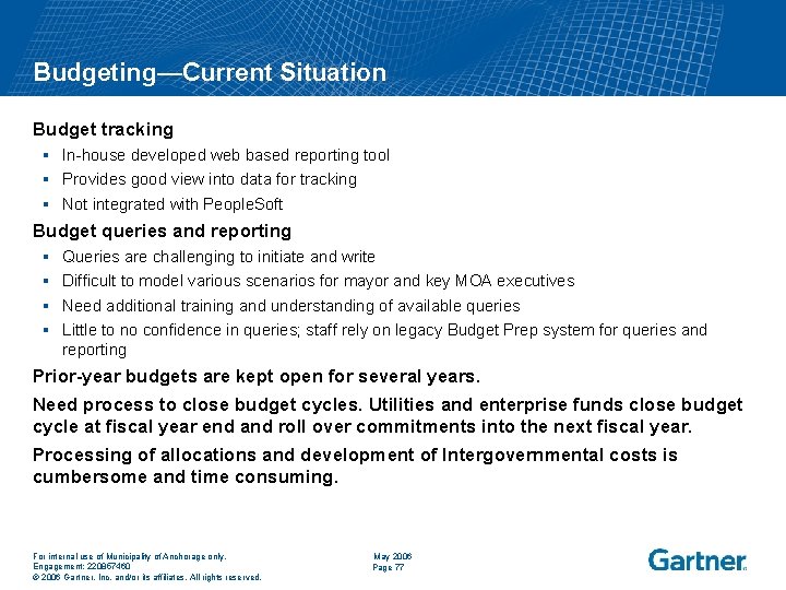 Budgeting—Current Situation Budget tracking § In house developed web based reporting tool § Provides