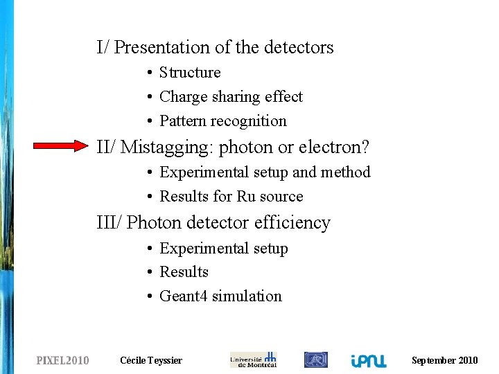 I/ Presentation of the detectors • Structure • Charge sharing effect • Pattern recognition